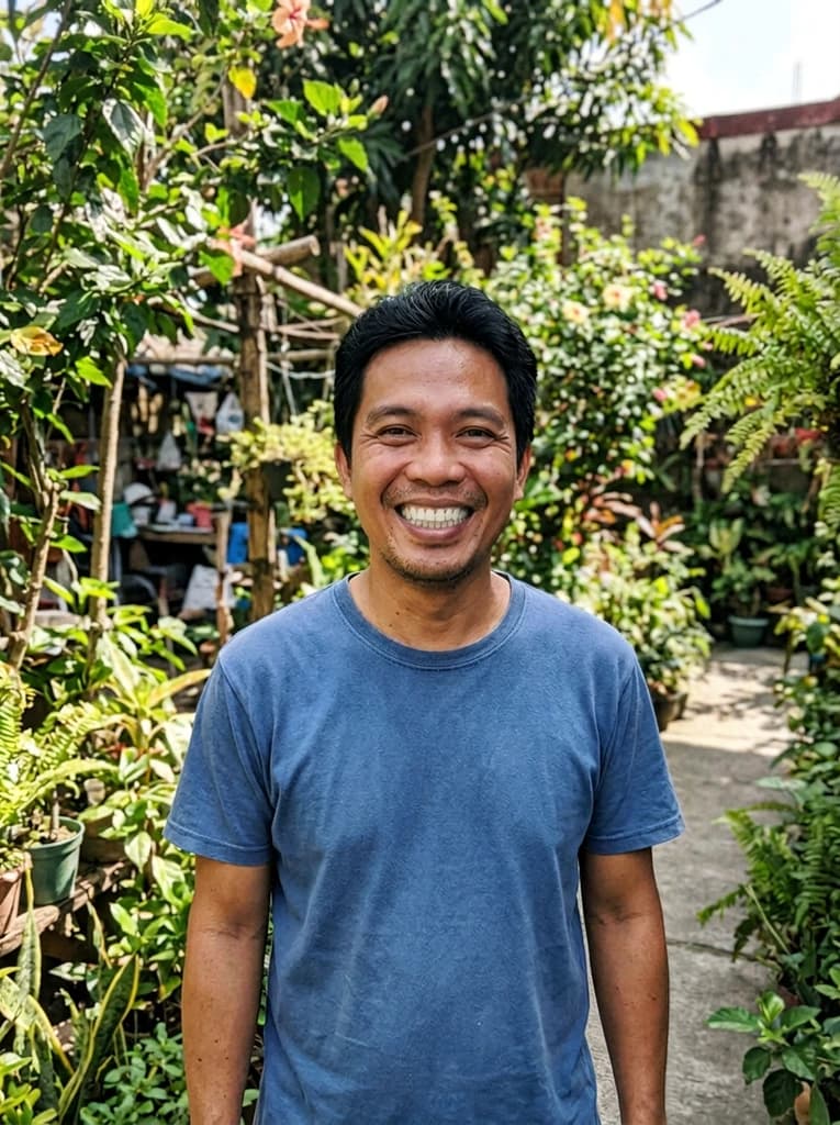 Man smiling in a garden, now with naturally whitened teeth